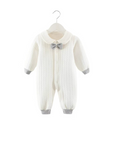 White baby romper with gray bow tie and cuffs, elegant long-sleeve cotton outfit