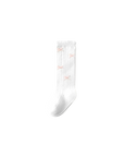 White knee-high cotton baby socks with ribbed texture and bow