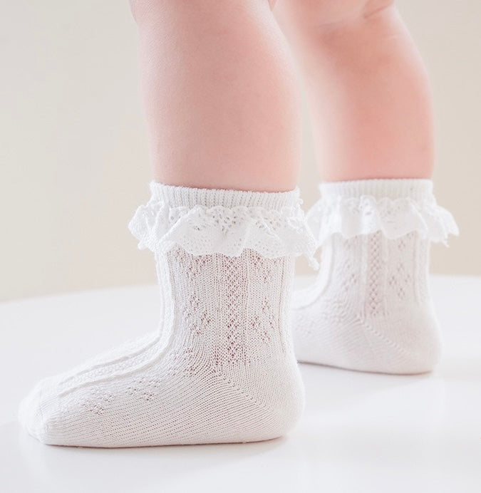 Adorable baby in white lace frill socks, soft cotton material for gentle, breathable wear.