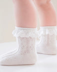 Adorable baby in white lace frill socks, soft cotton material for gentle, breathable wear.