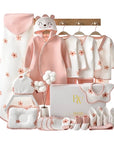 Winter baby gift set 24 pieces, cozy pink newborn essentials box, warm cotton baby clothes set, baby shower gift