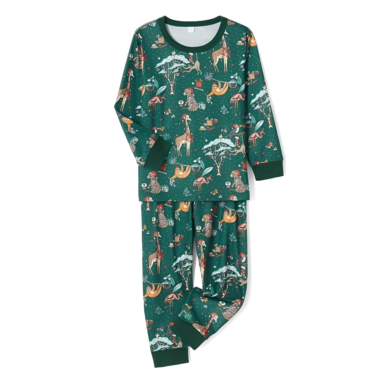 Women’s and men’s matching green animal print Christmas pajamas long sleeve set