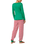 Women’s Christmas pajamas green long sleeve top and red white striped pants, back view