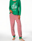 Women’s Christmas pajamas with green “Stop Elfing Around” top and red white striped pants, holiday sleepwear