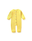 Front view of wheat yellow ribbed cotton baby romper featuring button front and long sleeves.