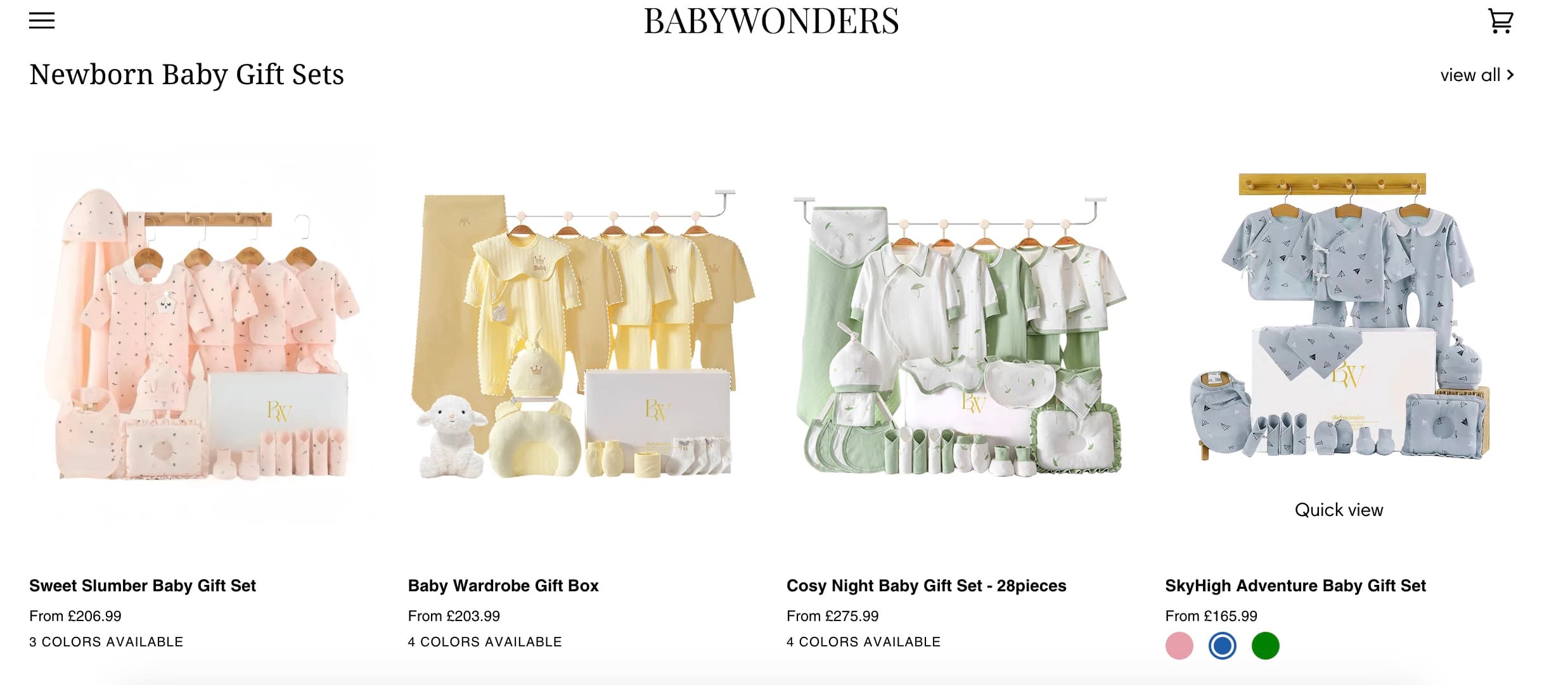 Display of four affordable yet stylish newborn baby gift sets in pink, yellow, green, and blue, featuring coordinated essentials like bodysuits, mittens, blankets, bibs, and plush toys, offered by BabyWonders UK.