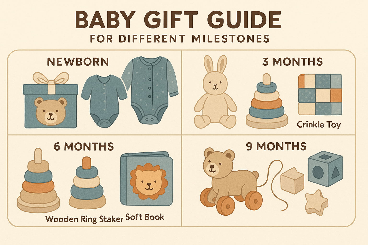 Illustrated baby gift guide for different age milestones, featuring items like bodysuits, crinkle toys, wooden stackers, and pull-along animals — ideal for planning age-appropriate gifts with BabyWondersUK.