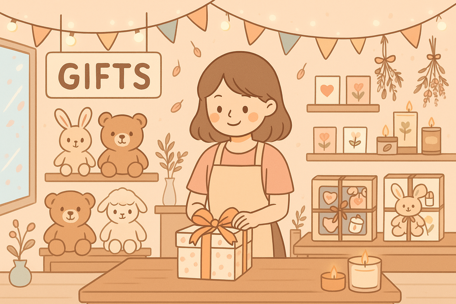 Illustration of a cozy gift boutique where a girl wraps a present at the counter, surrounded by plush toys, candles, floral cards, and organic gift sets—evoking a sustainable and thoughtful atmosphere ideal for newborn gift inspiration.