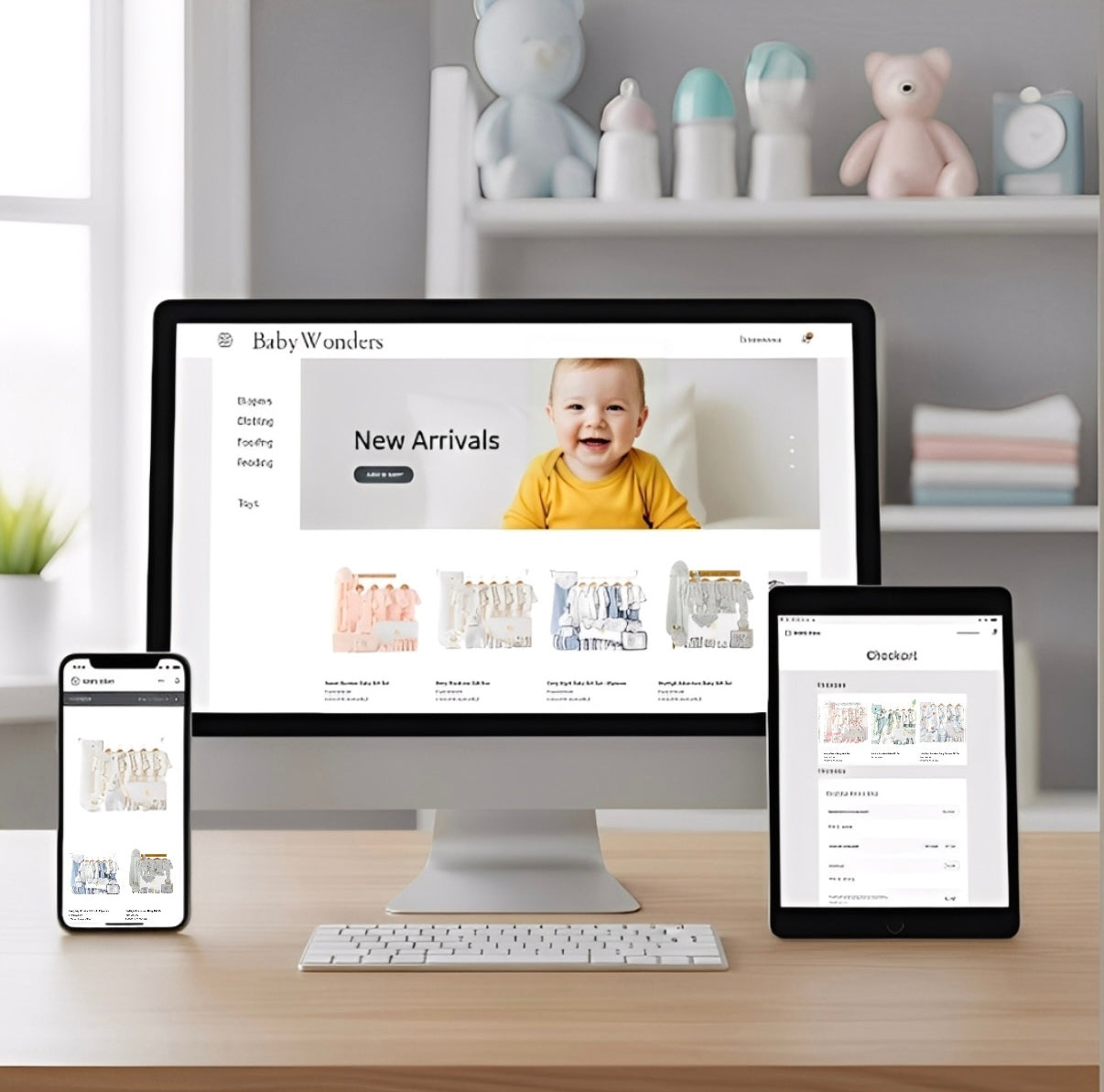 A multi-device view of the Baby Wonders UK online store, highlighting new baby product arrivals, clothing collections, and checkout interface on desktop, tablet, and mobile screens—ideal for parents seeking trusted baby essentials and gift sets in the UK.
