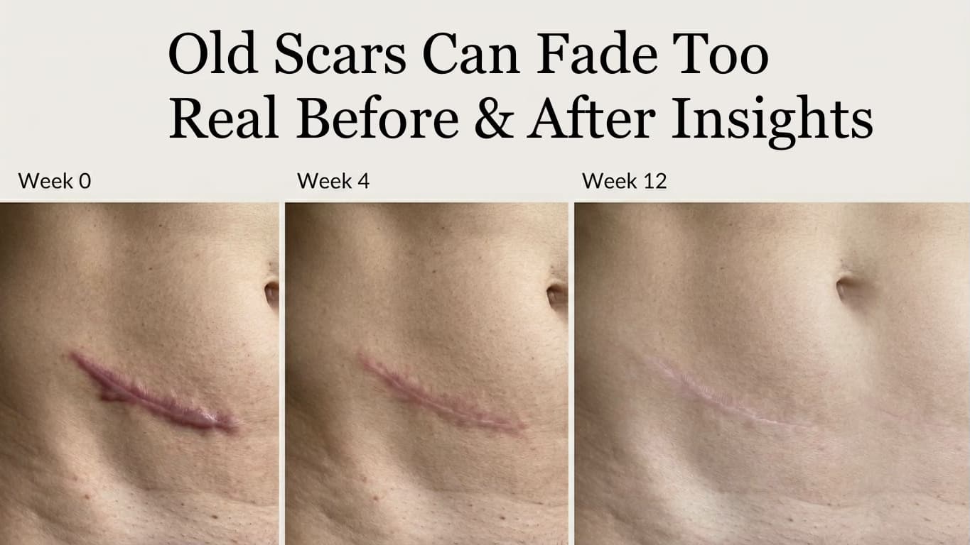 Old scar before and after healing progression with silicone scar sheets showing results at week 0, week 4, and week 12