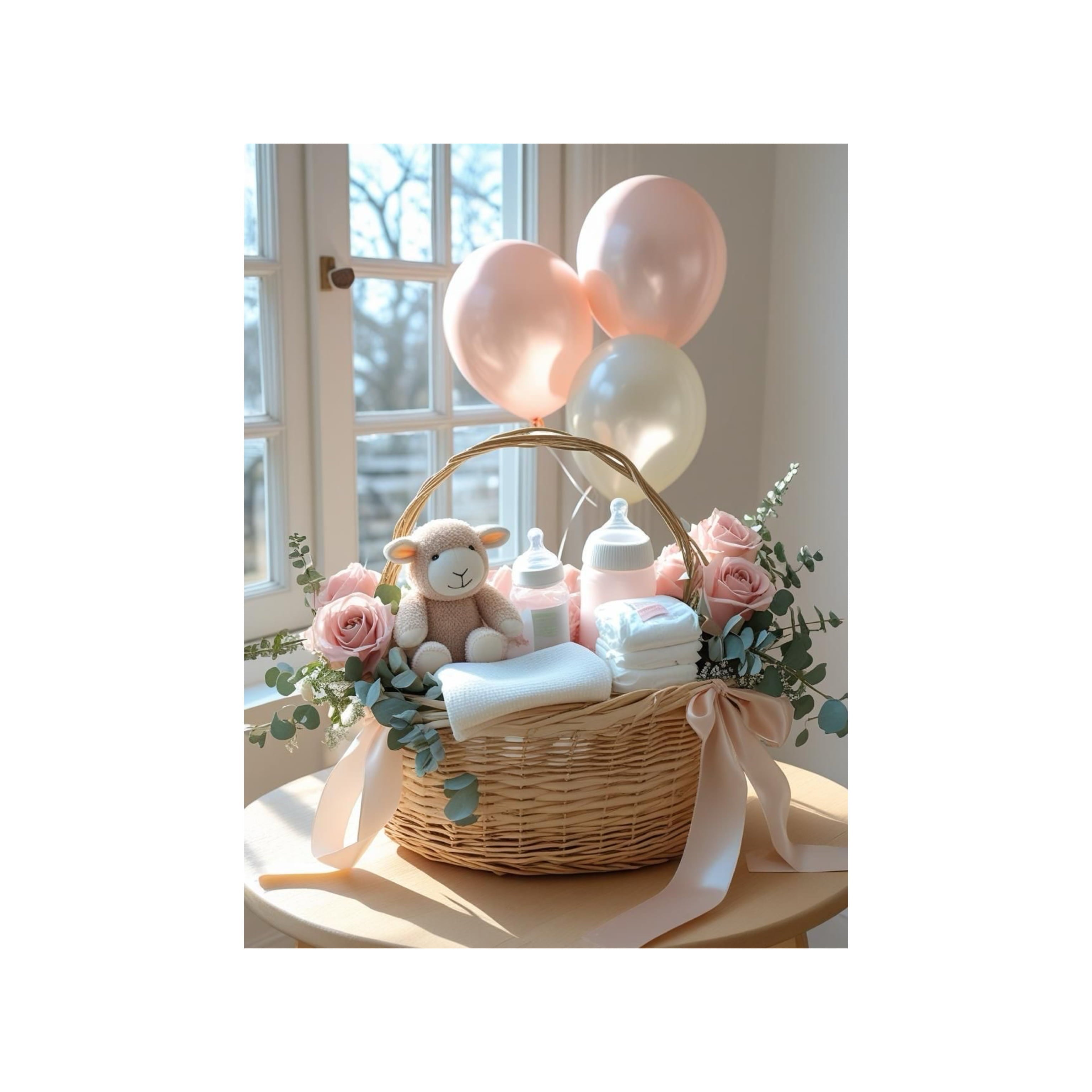 Unisex newborn gift basket with baby essentials, flowers, and balloons, perfect gender-neutral baby shower present.