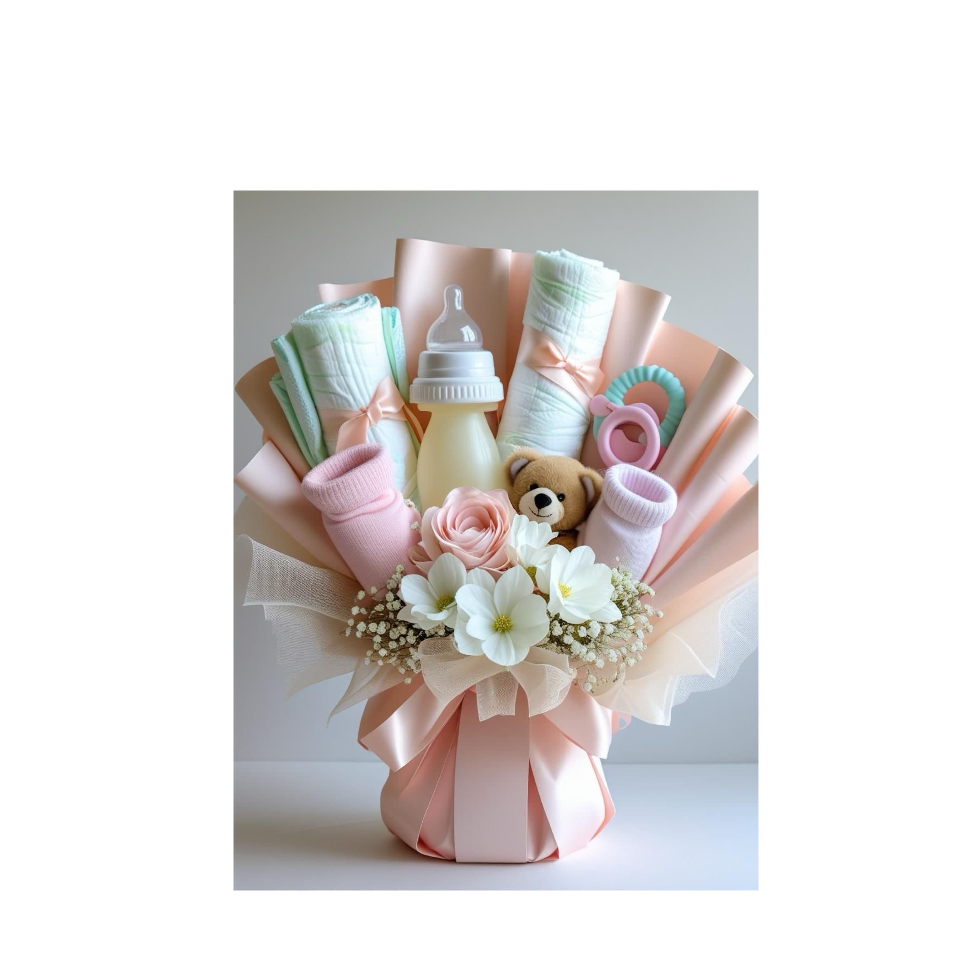 Creative newborn congratulations gift bouquet made with baby clothes and flowers, unique baby shower present idea.