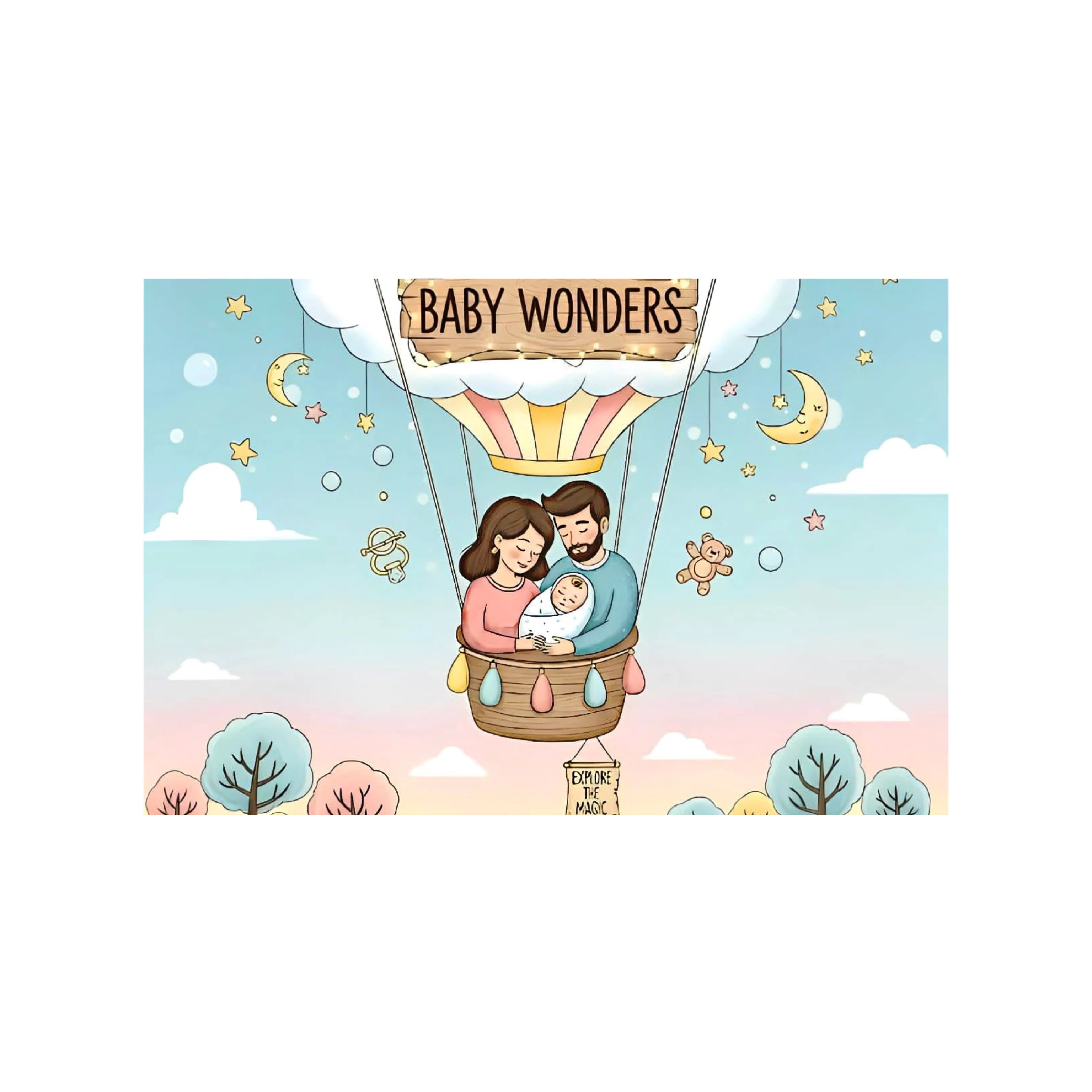Baby Wonders illustration of happy parents and child in hot air balloon, symbolizing parenting bliss and newborn gift inspiration.