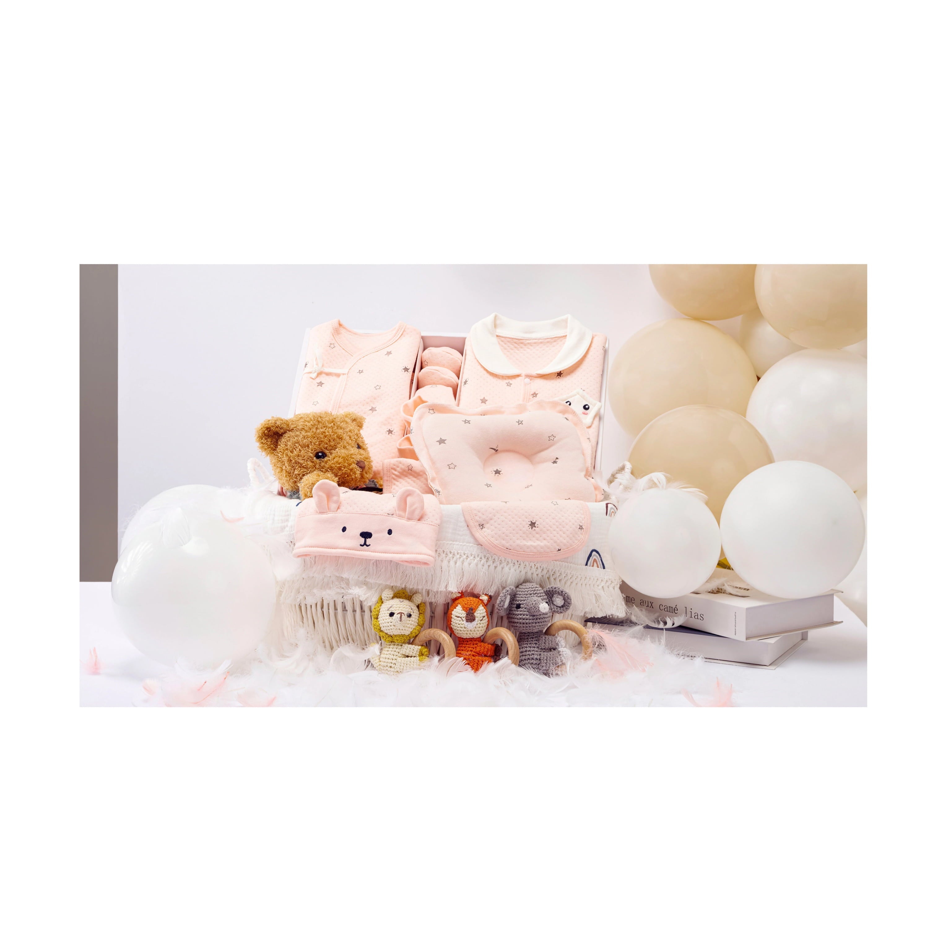 Best-selling newborn gift bundle with toys, clothes, and plush teddy bear, popular baby shower gift set.