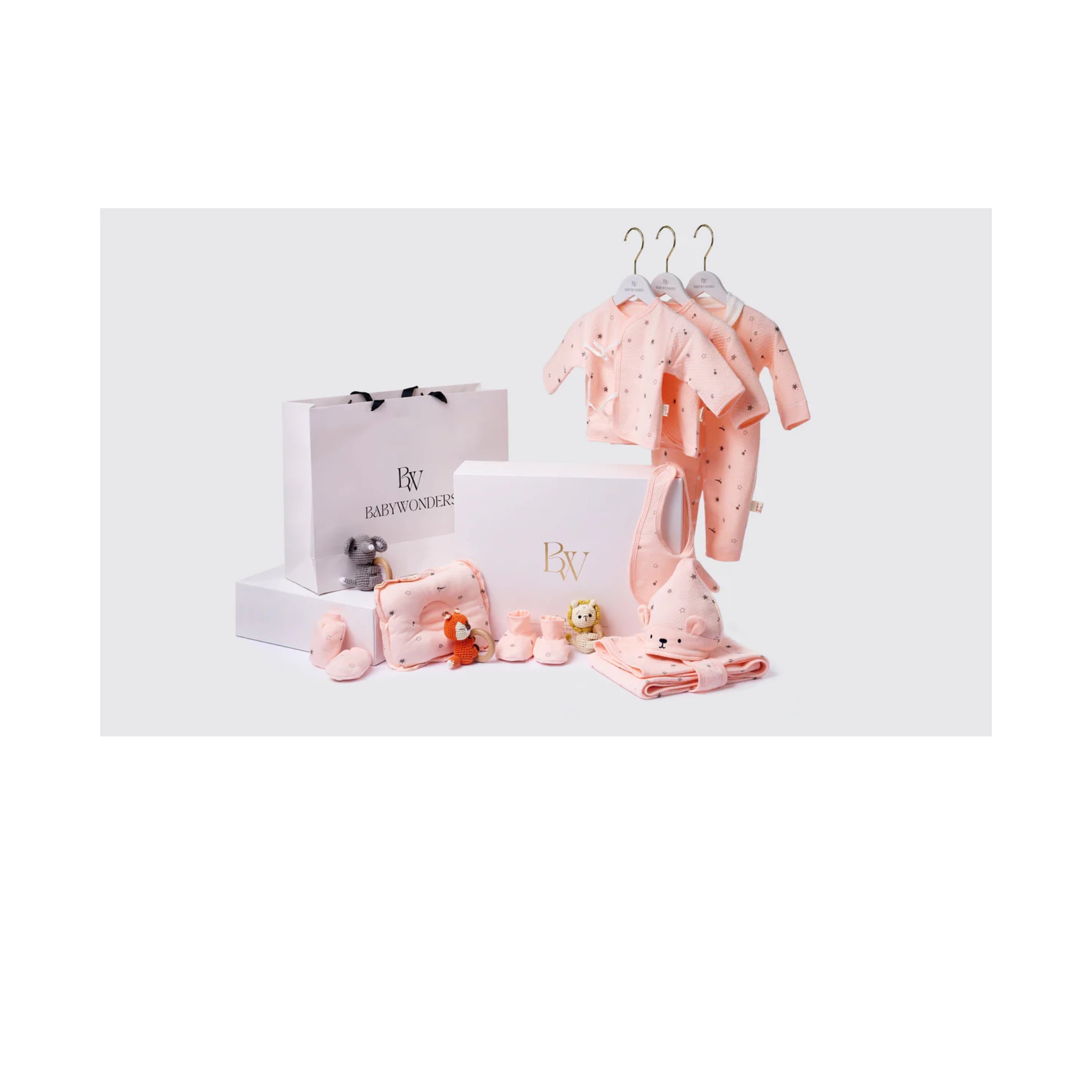 Baby girl clothing gift set in pink with bodysuit, pants, and accessories, best newborn clothes for 2025.