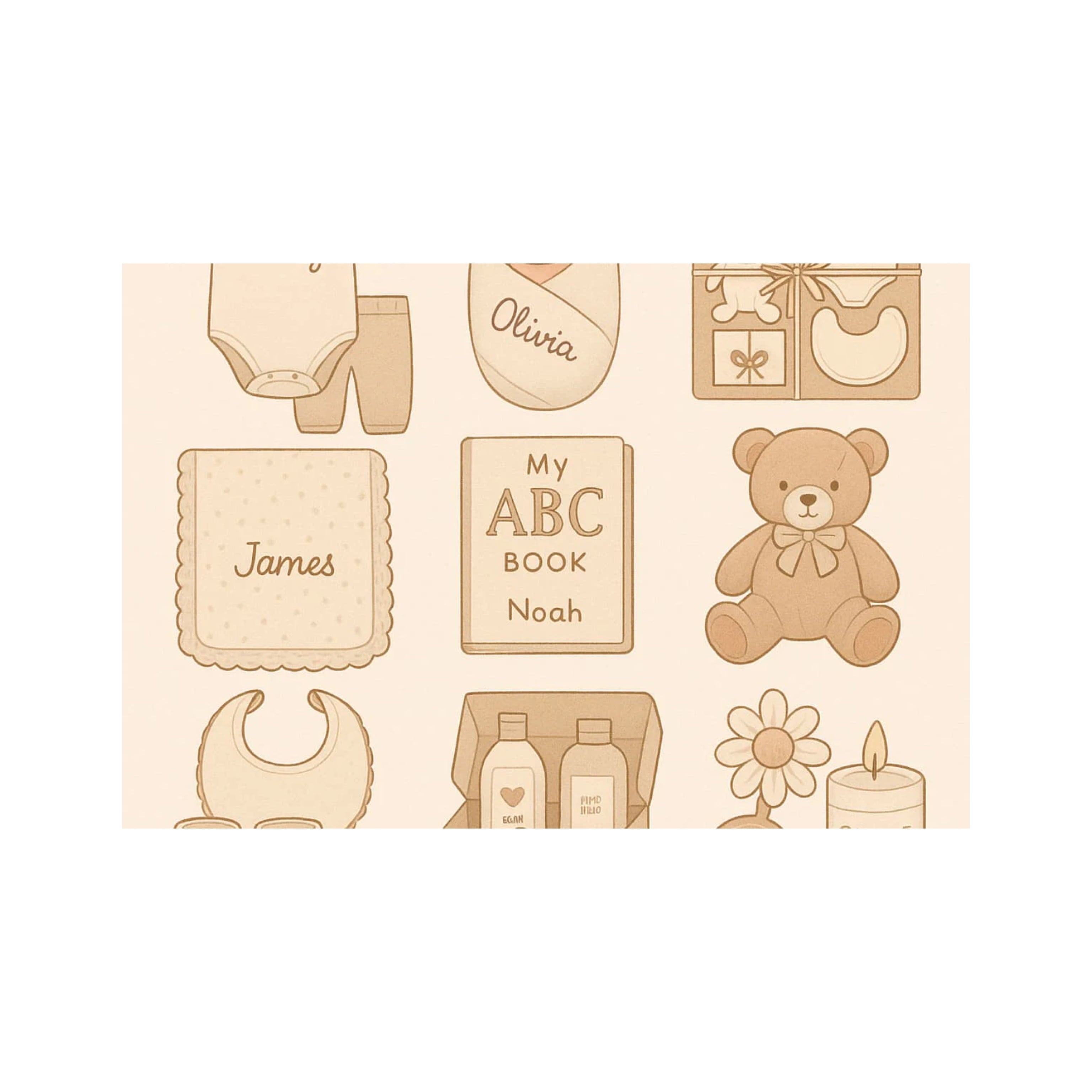 Unique newborn welcome gift set illustration with baby clothes, toys, books, and personalized essentials.