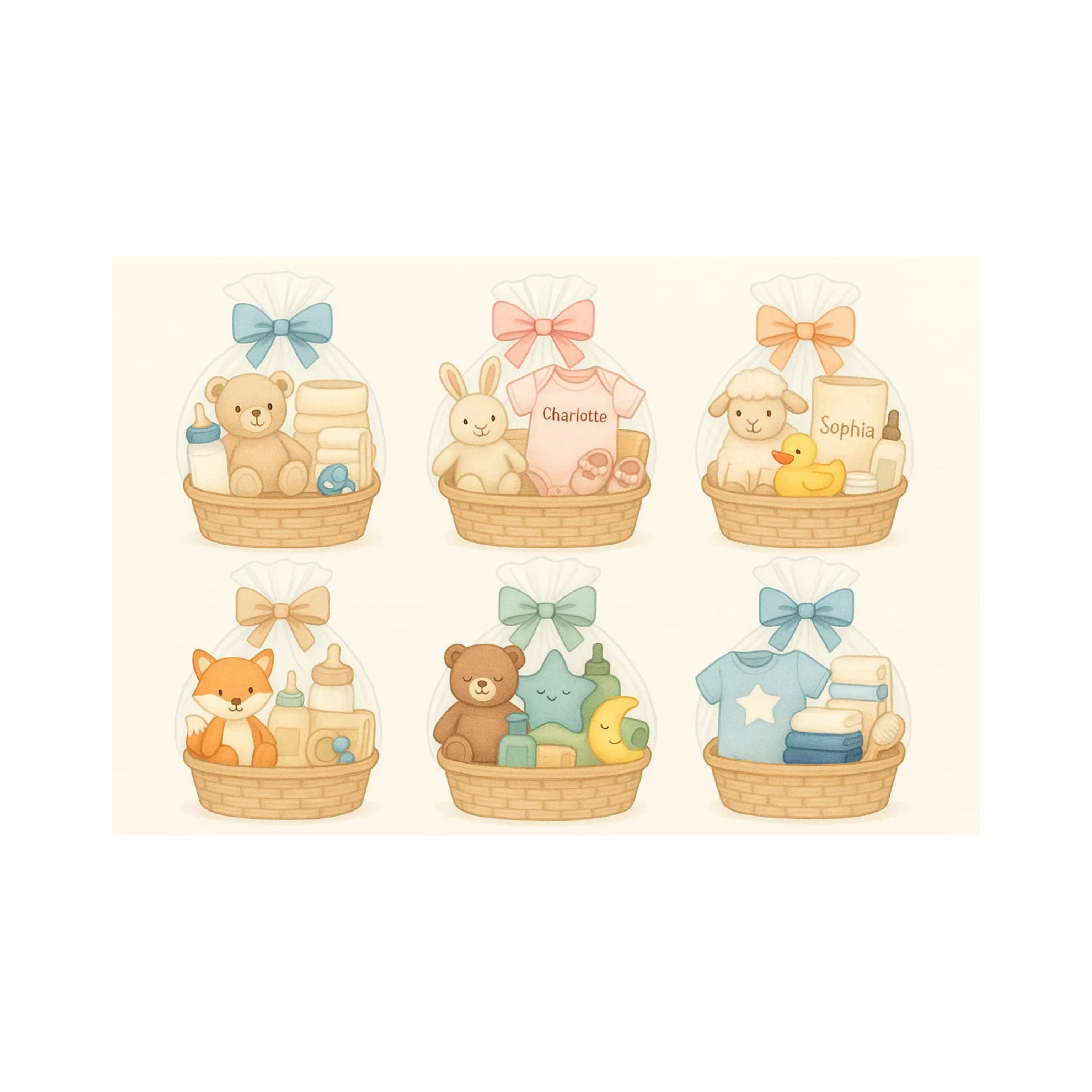 Cute baby hampers illustration with teddy bears, bows, and newborn essentials for gifting in 2025.