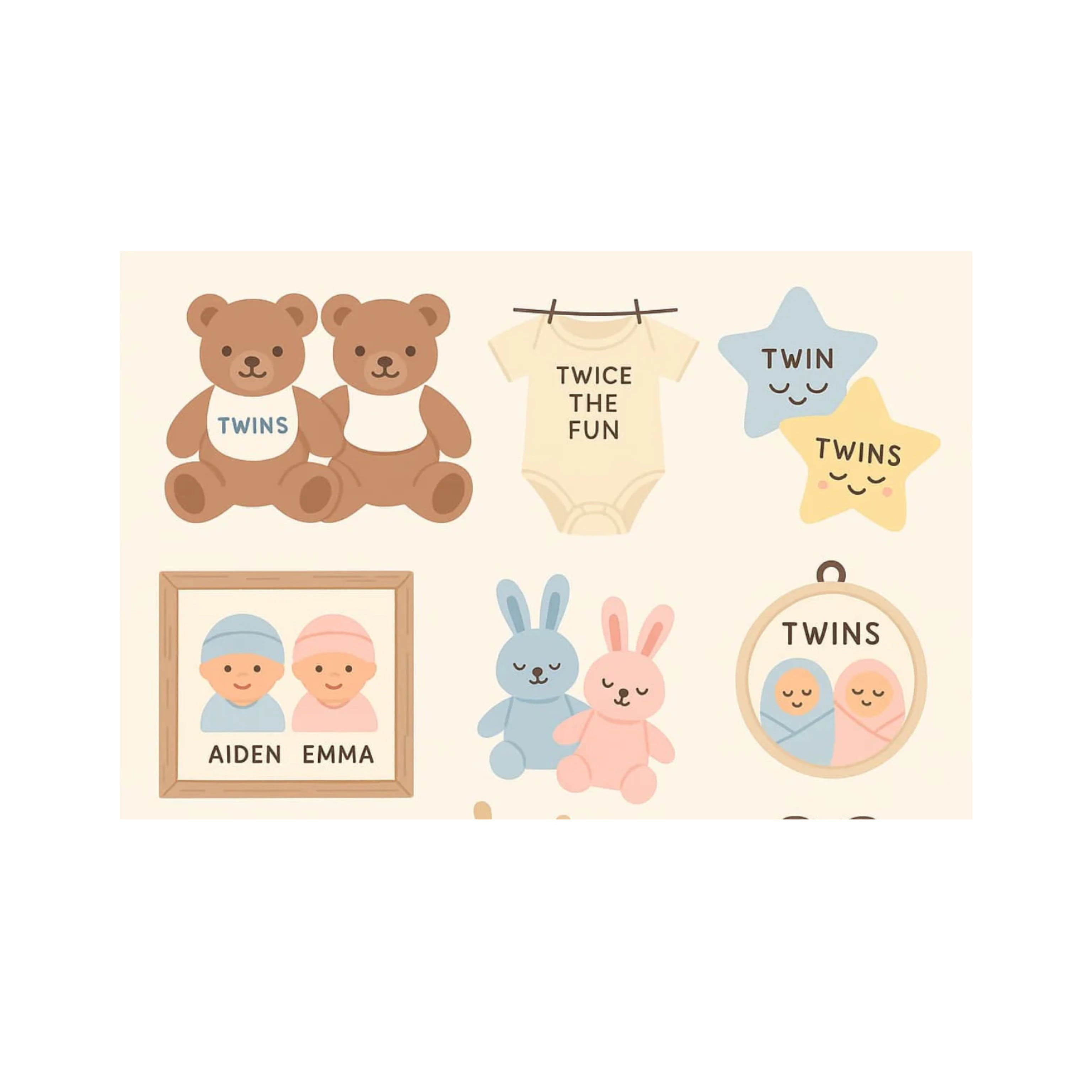 Adorable newborn twin gift illustration with teddy bears, rabbits, and personalized baby icons.