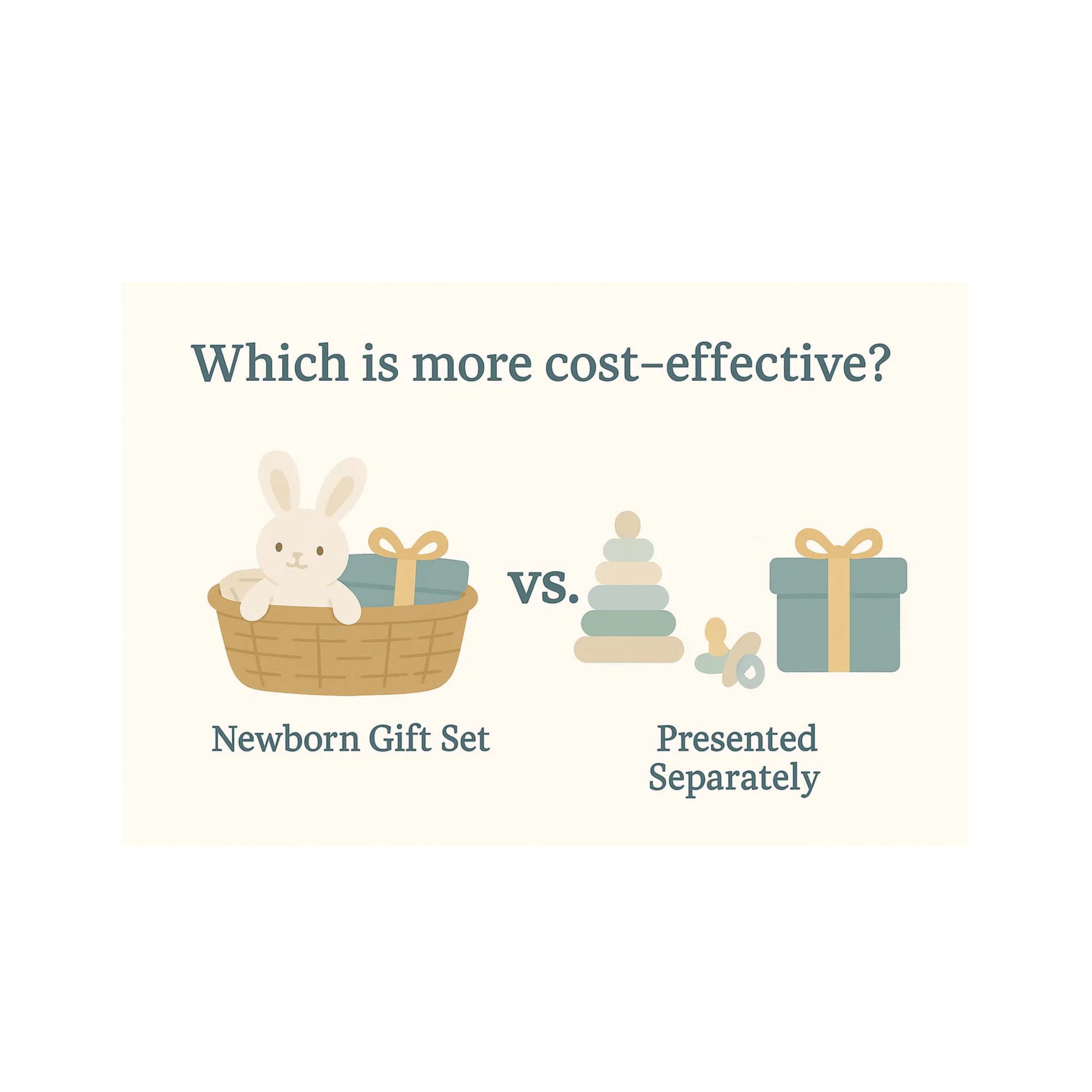 Comparison of newborn gift bundle set versus individual baby gifts, cost-effective gifting choice illustration.