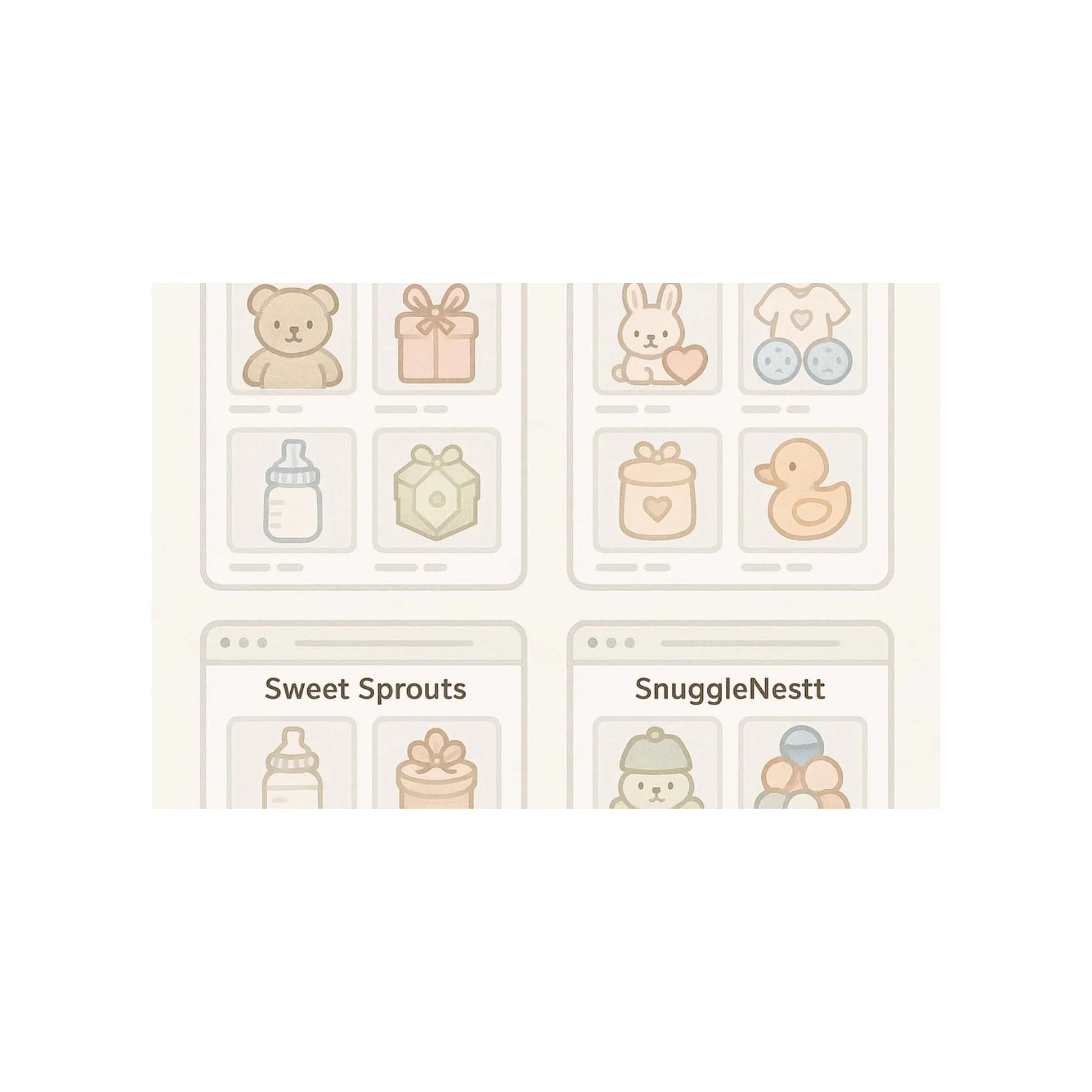Colorful icons of newborn gifts including toys, bottles, clothes, and pacifiers, symbolizing online baby gift stores.