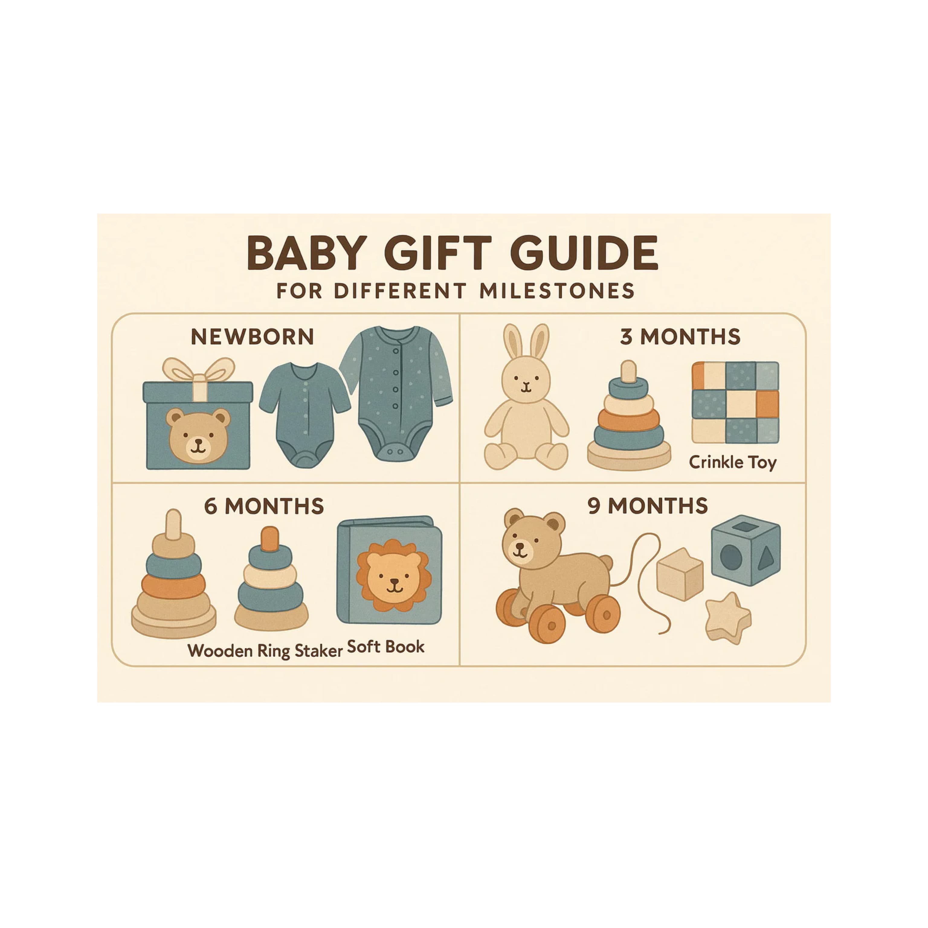 Illustrated baby gift guide for different age milestones, featuring items like bodysuits, crinkle toys, wooden stackers, and pull-along animals — ideal for planning age-appropriate gifts with BabyWondersUK.