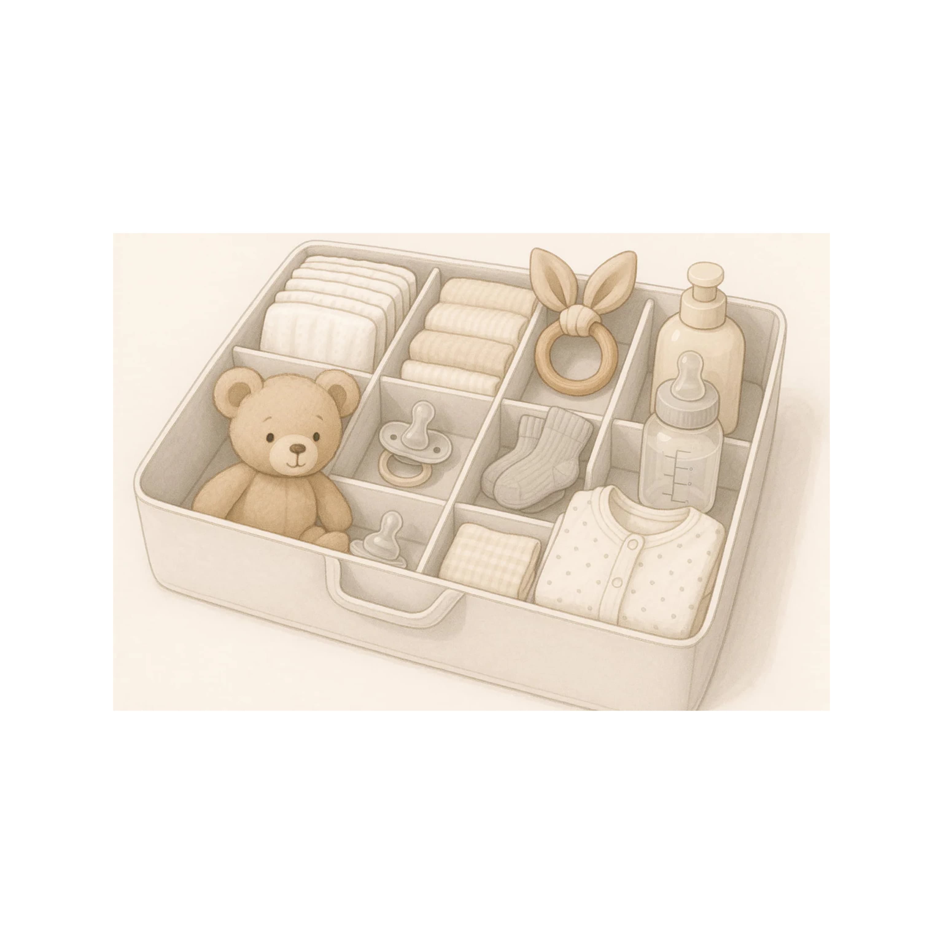 Organisational baby gift set featuring a teddy bear, muslins, bottle, pacifier clip, and baby clothes arranged in a beige storage box — a stylish and practical gift for new parents from BabyWondersUK.