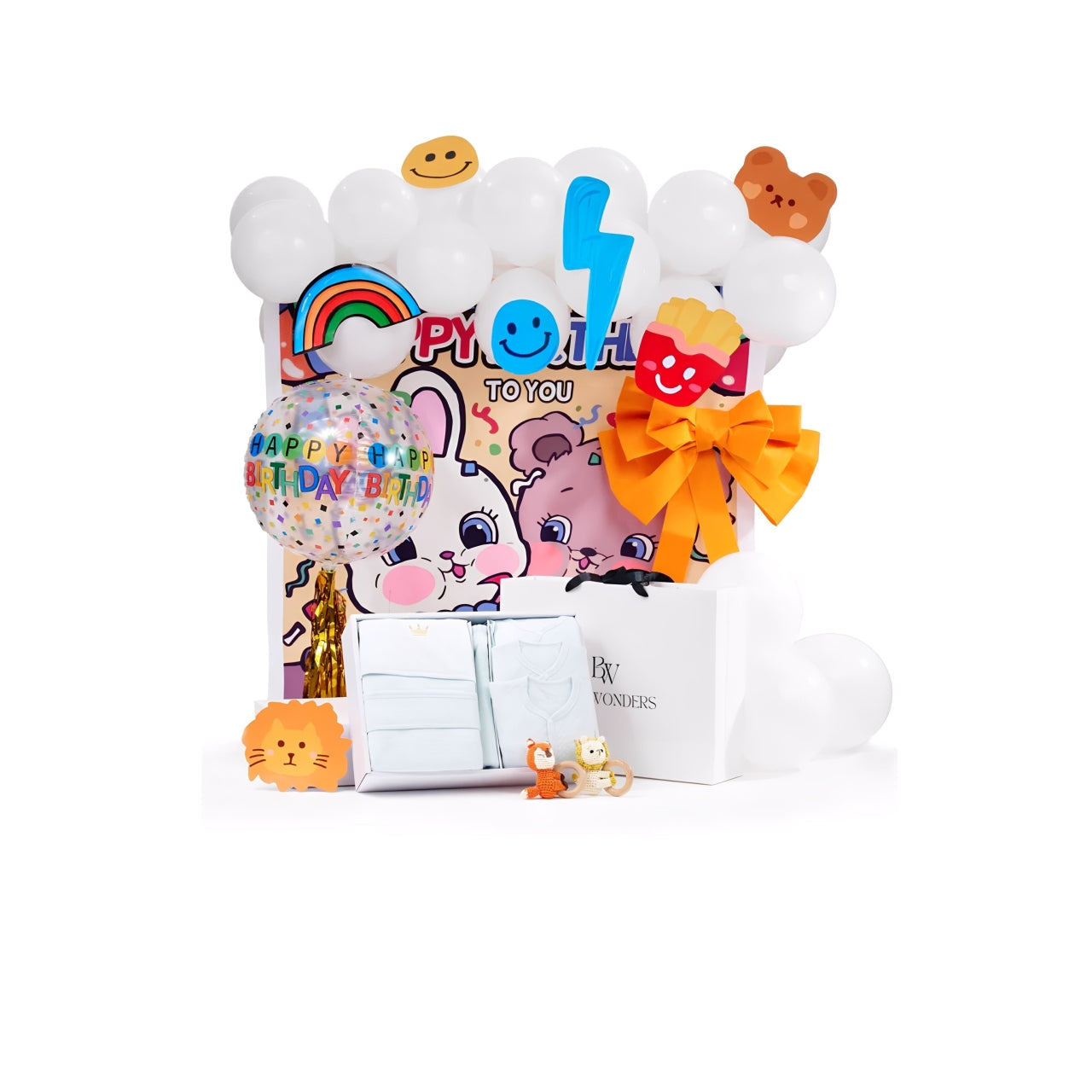 Playful baby gift set with cheerful birthday elements, soft toys, and thoughtful packaging — an ideal present to celebrate a new dad’s first moments with baby.