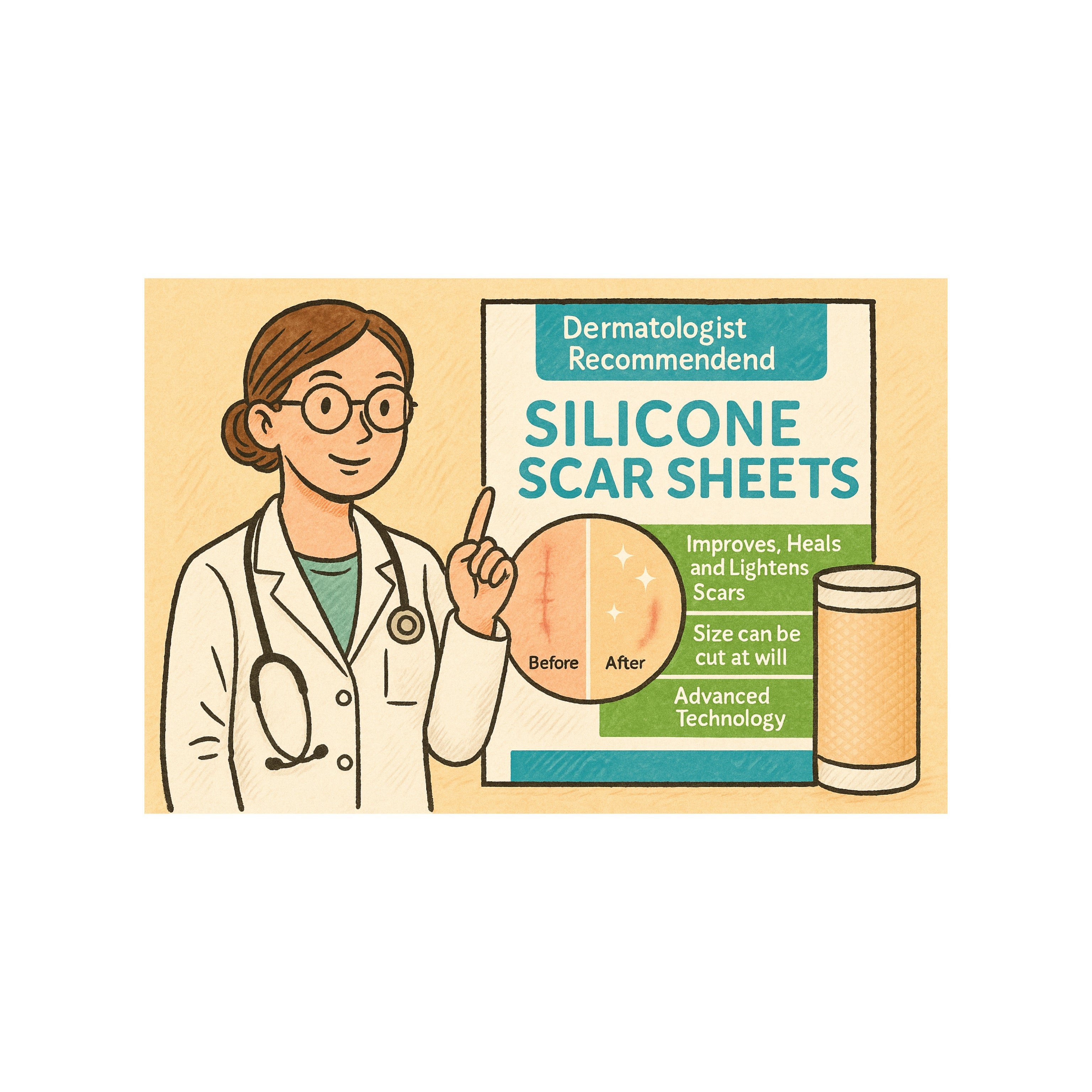 Doctor recommended silicone scar sheets illustration showing product benefits for scar healing, scar lightening, and effective scar treatment solution.
