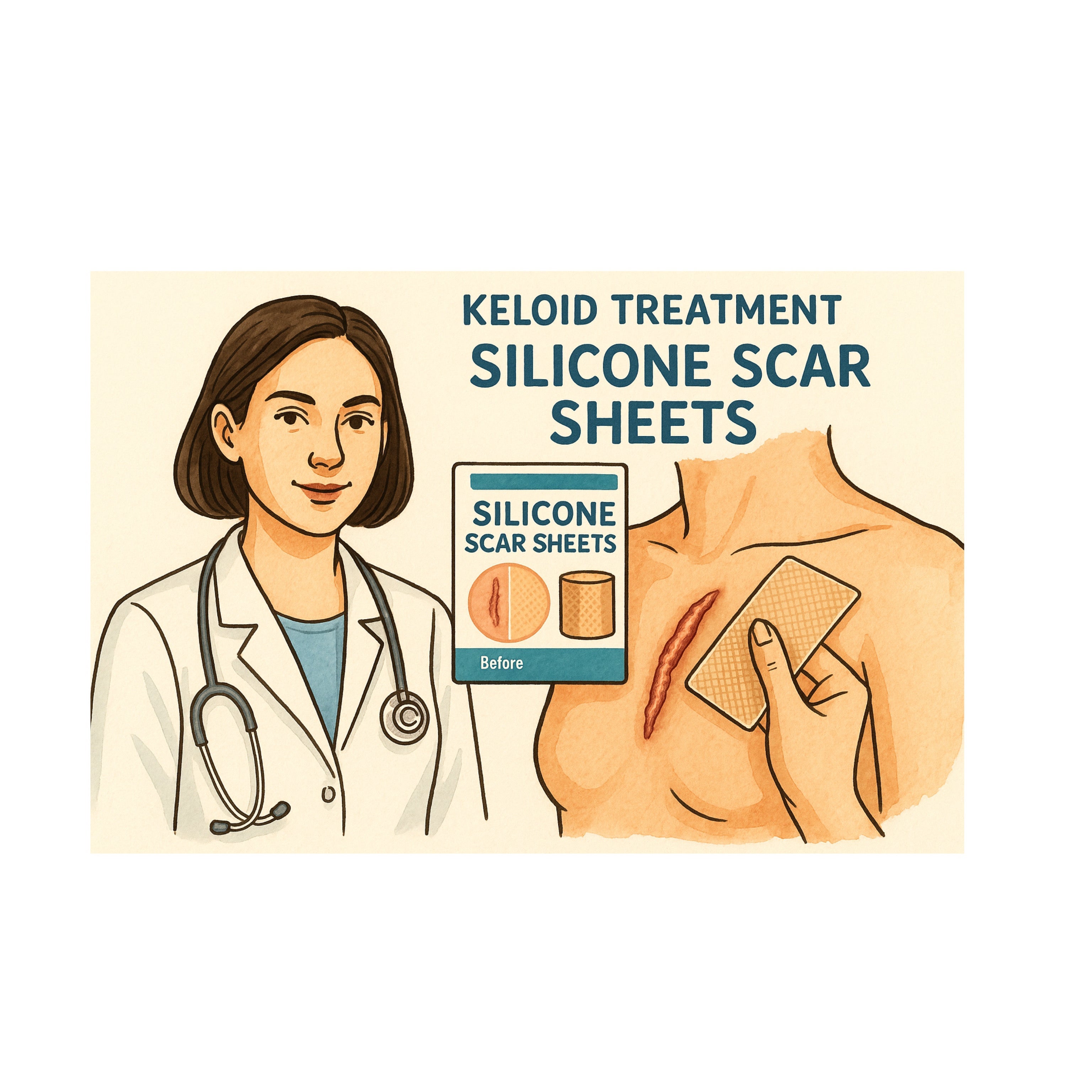 Medical illustration of keloid scar treatment using silicone scar sheets, with doctor guidance and patient applying silicone sheet for scar reduction and healing.