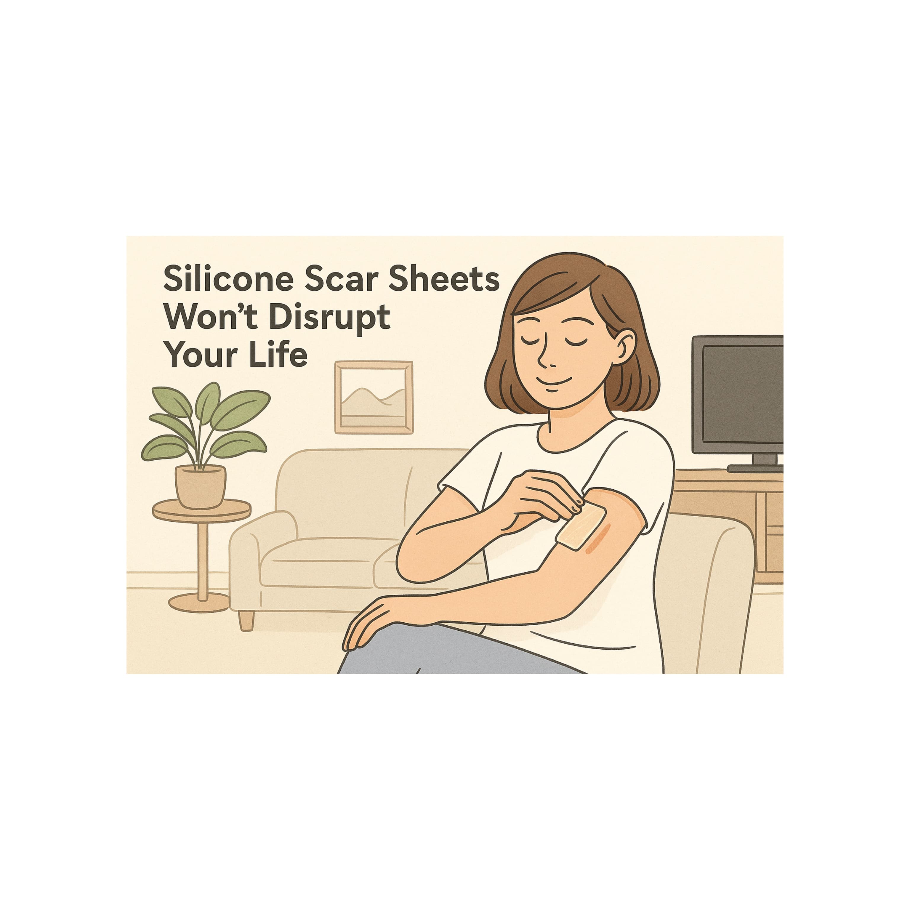 Illustration of a woman sitting on a sofa applying a silicone scar sheet to her arm, showing comfortable daily scar treatment for keloids and scar healing, with text ‘Silicone Scar Sheets Won’t Disrupt Your Life