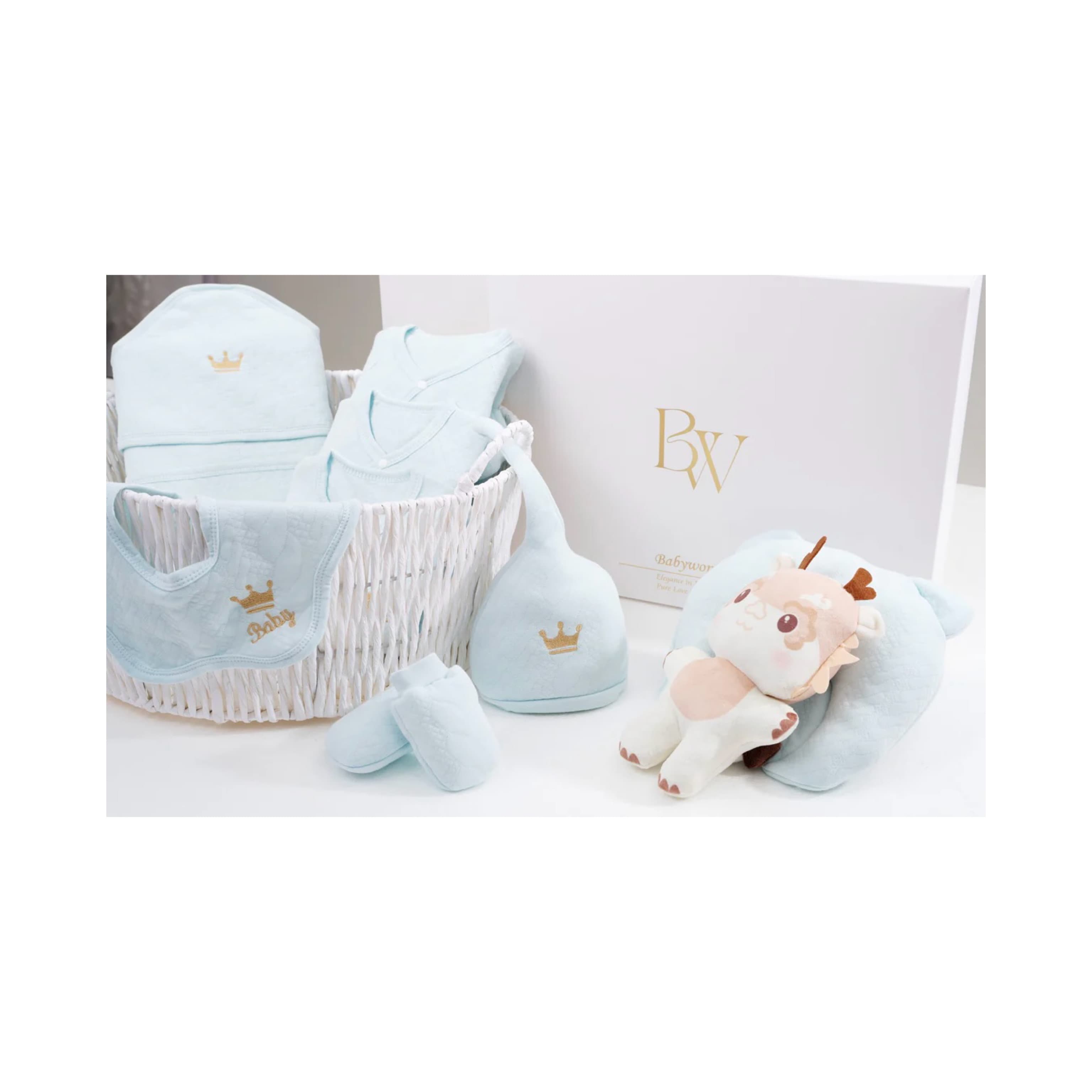 Beautifully presented baby boy gift basket from BabyWondersUK with coordinated pastel blue baby accessories, ideal for newborn gifting or baby showers.