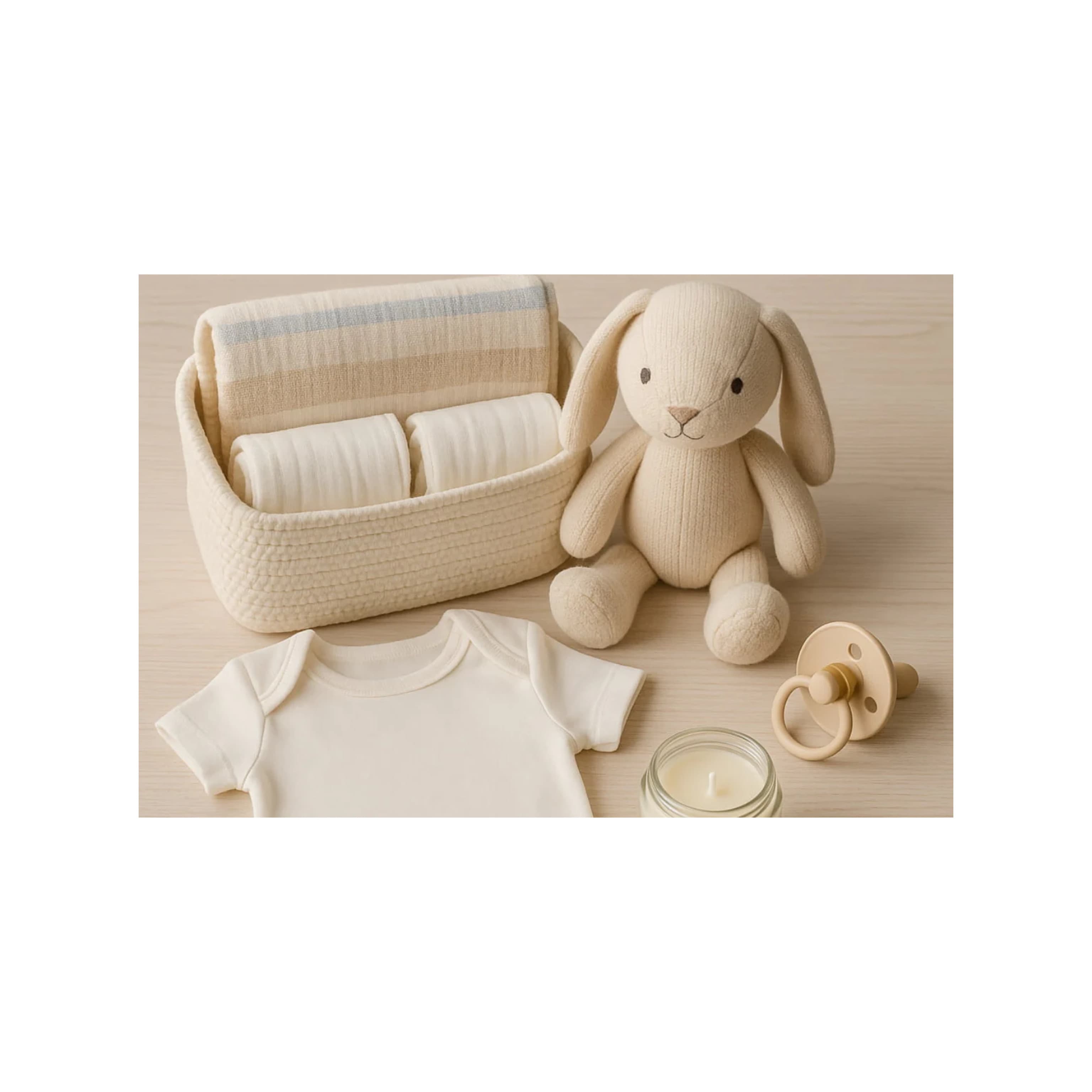 Soft-toned baby gift set with plush toy, muslin cloths, onesie, pacifier, and candle, arranged neatly in a fabric basket.