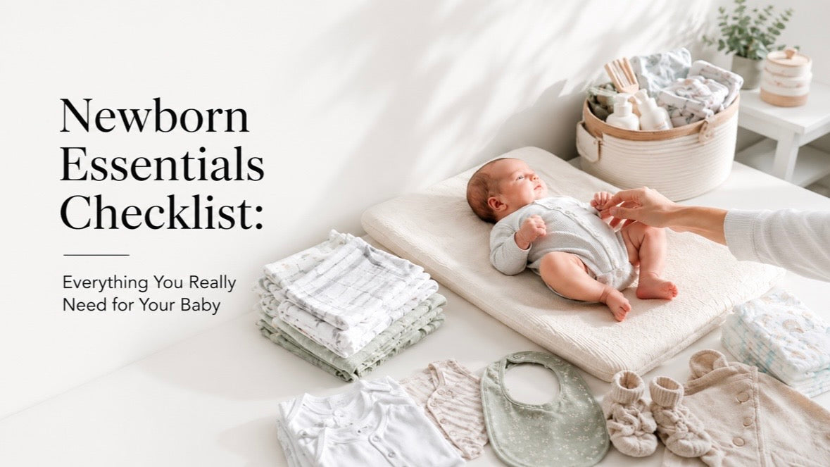 Newborn baby with clothing, nappies, muslin cloths and other newborn essentials in a bright nursery.