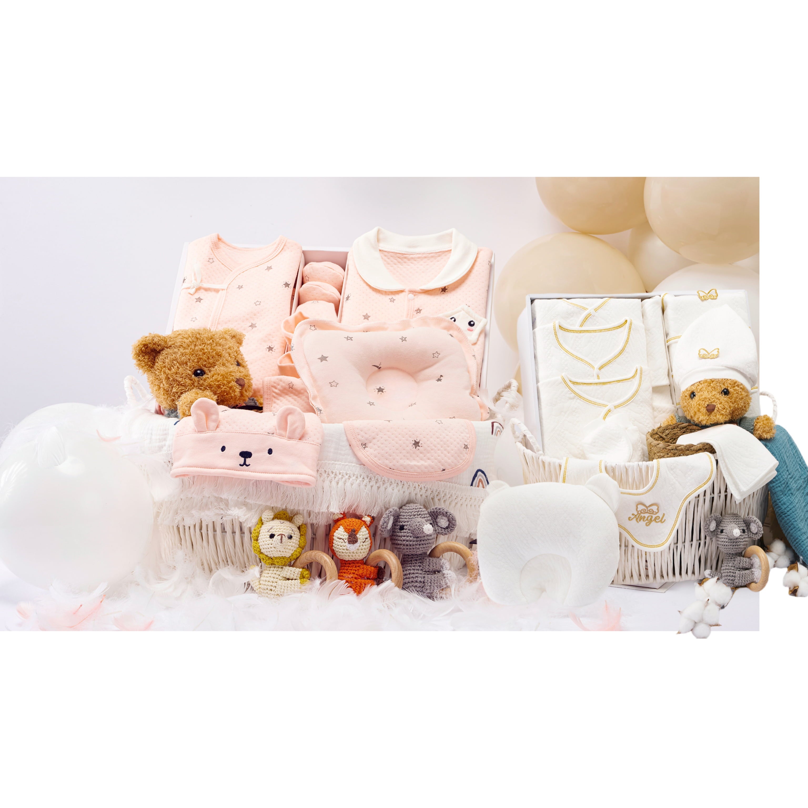 Adorable twin baby gift hamper with coordinated baby outfits, plush toys, and accessories, beautifully presented with pastel balloon decor—ideal for baby showers or twin celebrations.