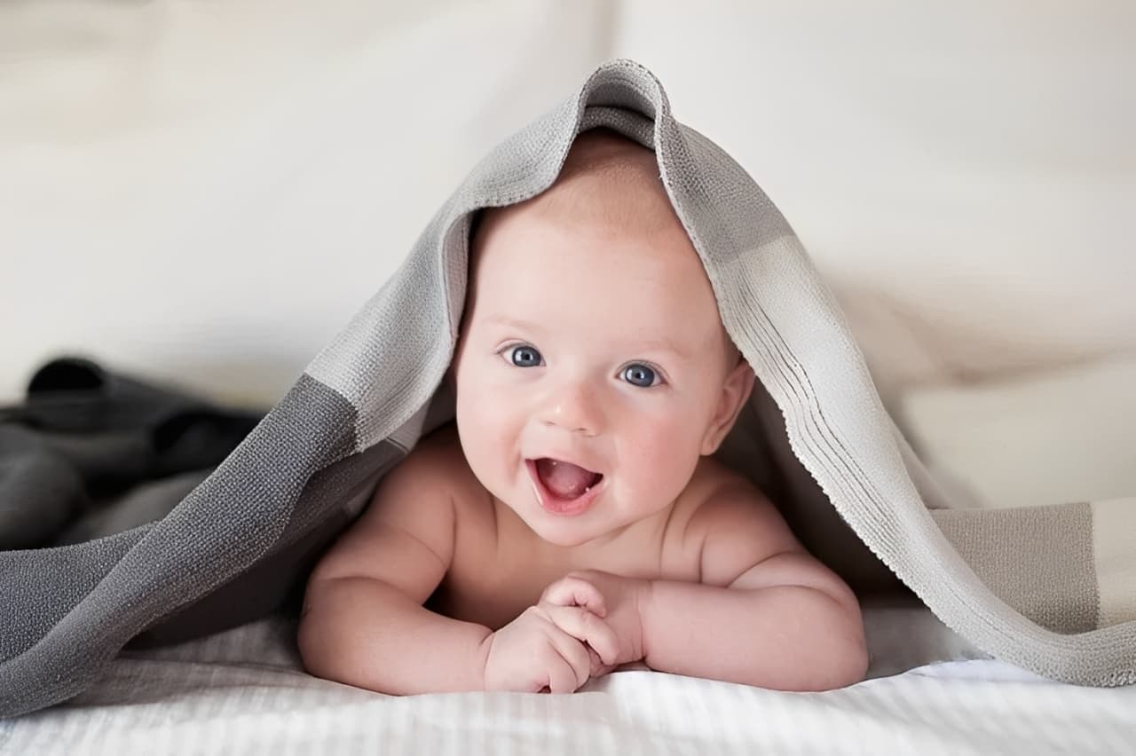 Smiling baby under blanket, perfect baby hamper gift for any occasion