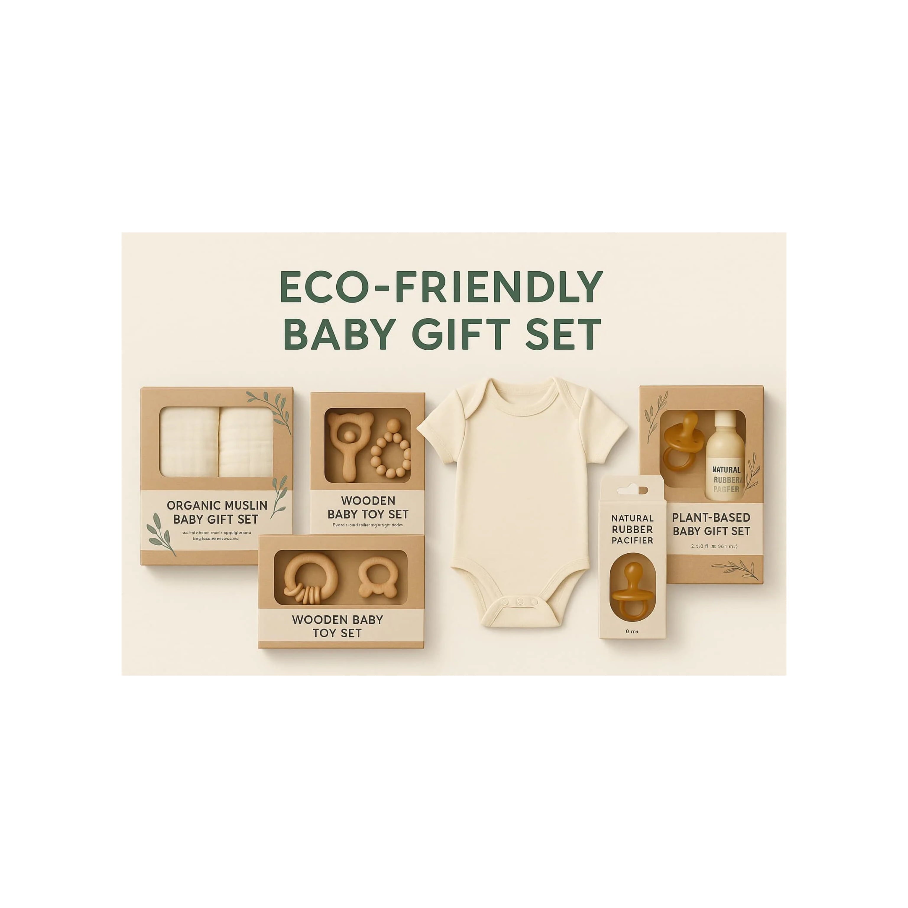 Flat-lay image of an eco-friendly baby gift set including an organic cotton onesie, wooden baby toys, natural rubber pacifiers, and an organic muslin cloth set, all presented in sustainable, recyclable packaging with neutral earthy tones.