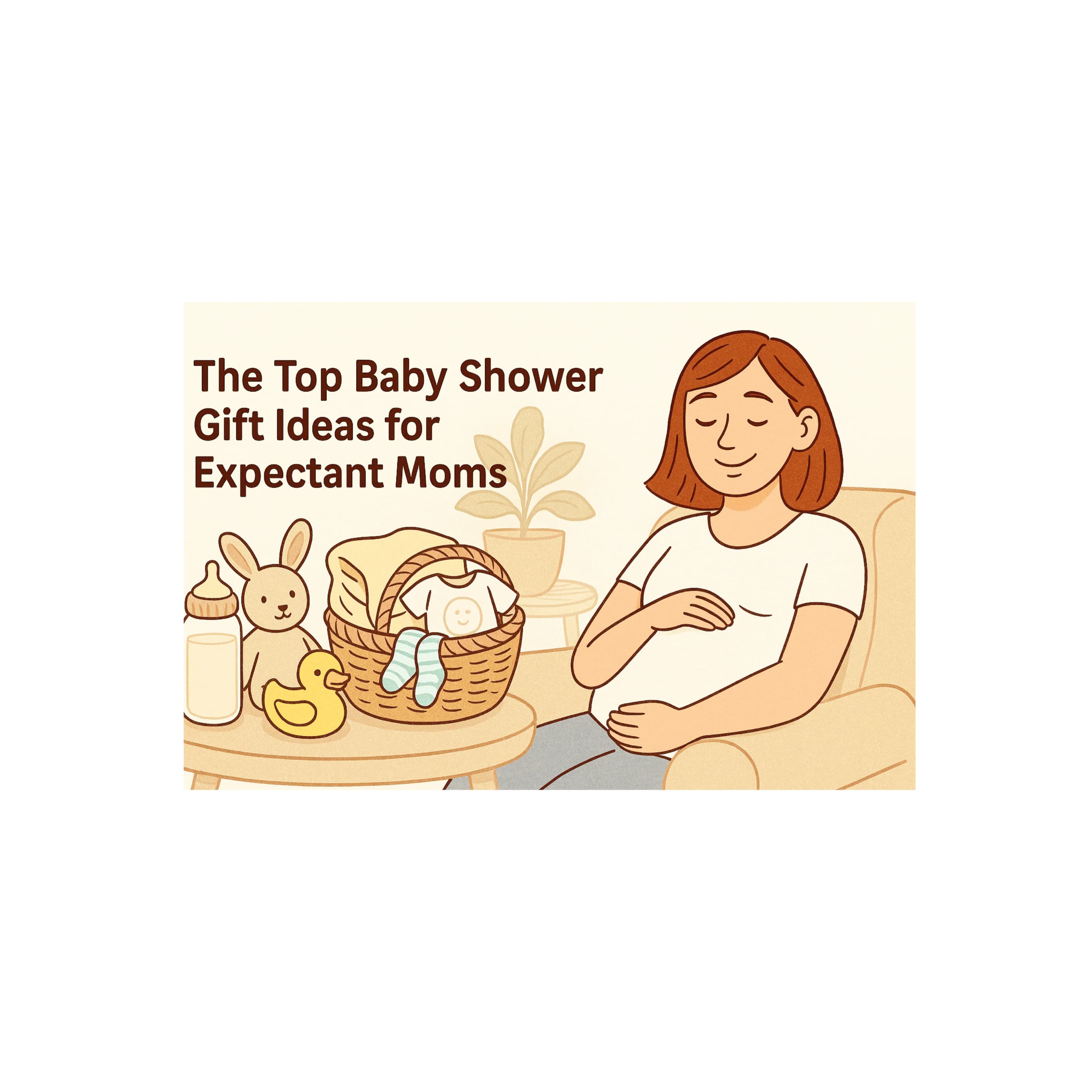  Illustration of an expectant mum sitting happily with baby shower gifts on the table, including a basket with baby clothes, bottle, and toys. Perfect for article about top baby shower gift ideas for mums-to-be.