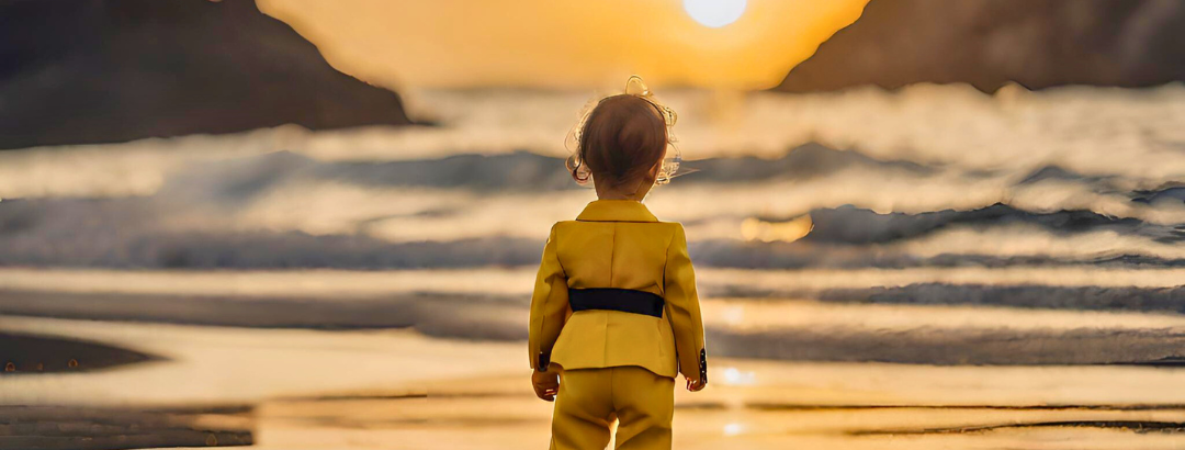 Toddler in a yellow outfit standing on the beach at sunset, displaying a natural O-shaped leg stance—common in early childhood development.