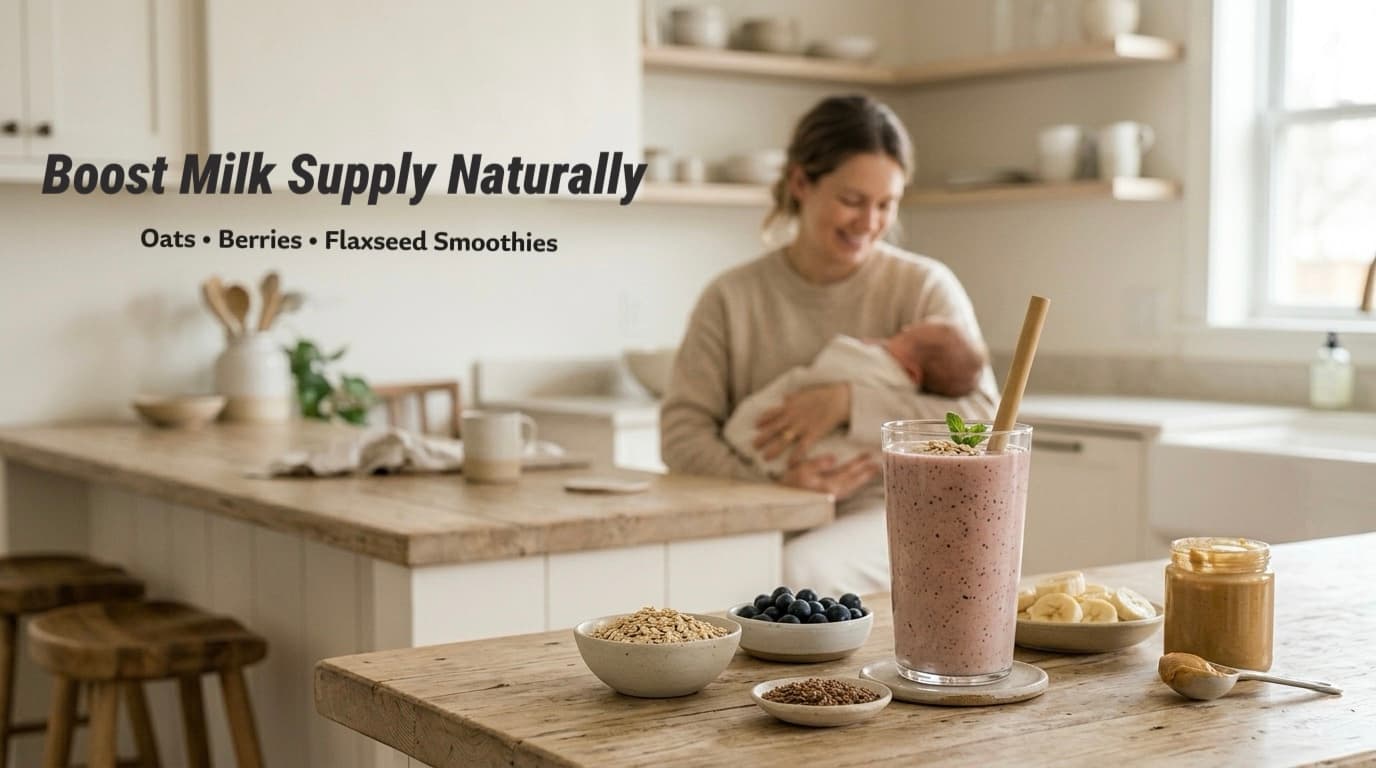 Postpartum smoothie with oats, berries and flaxseed to help increase breast milk supply naturally
