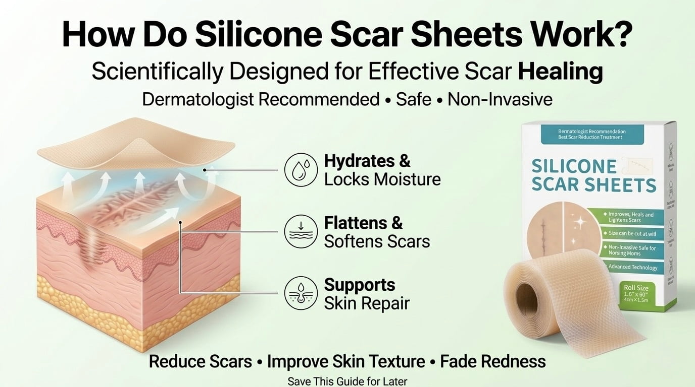Scientific diagram showing how silicone scar sheets work to hydrate scar tissue, flatten scars, and support skin repair for effective scar healing and improved skin texture