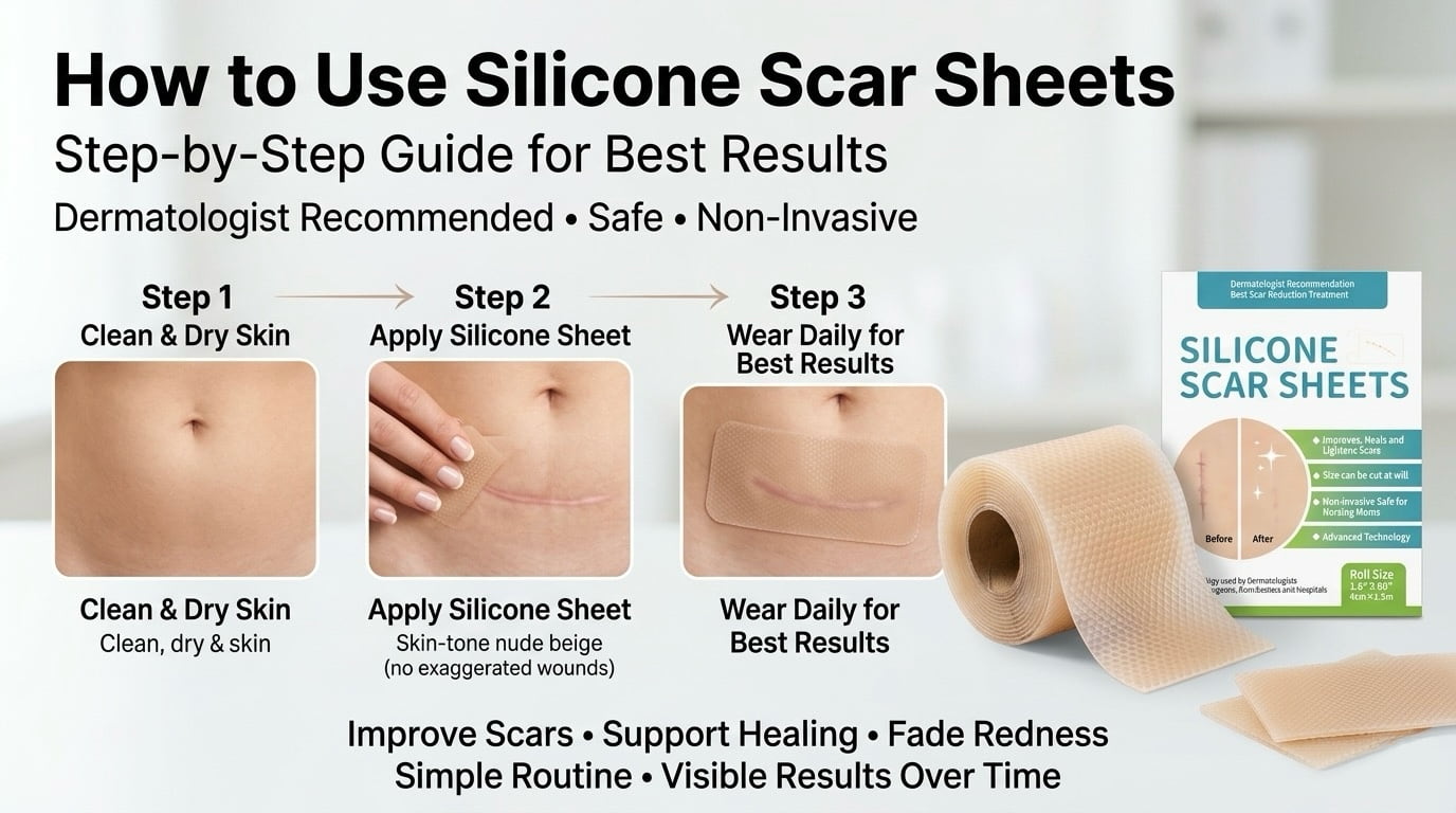 How to use silicone scar sheets step by step for C-section scar healing, improve scars, reduce redness, and support skin recovery with dermatologist recommended silicone scar treatment
