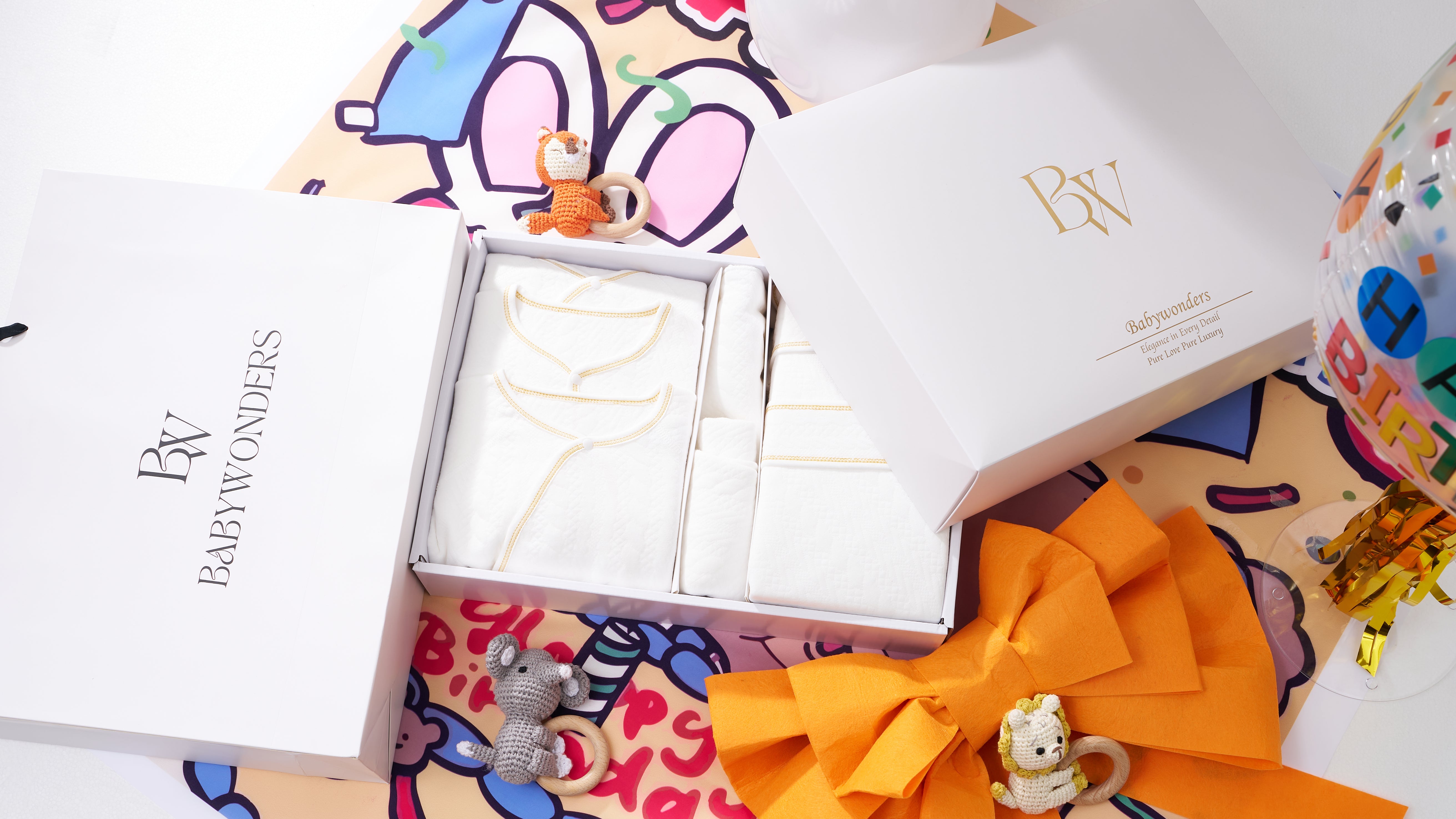 Illustration of a warm and charming gift store interior where a smiling girl wraps a polka-dot present, surrounded by plush animals, candles, and personalized gift boxes—perfect for newborn granddaughter gift inspiration.