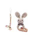 Crochet Pink Bunny Rattle & Dummy Clip Set