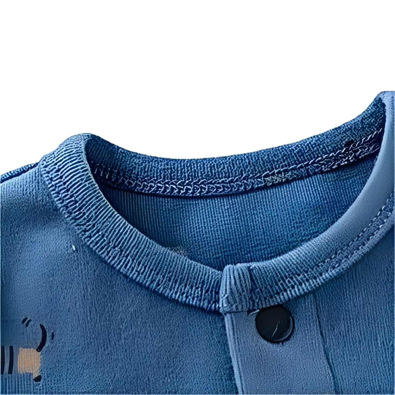 Close-up of the neckline stitching and button design on blue puppy print baby romper.