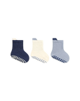 Three pairs of socks in navy, beige, and gray on a white background