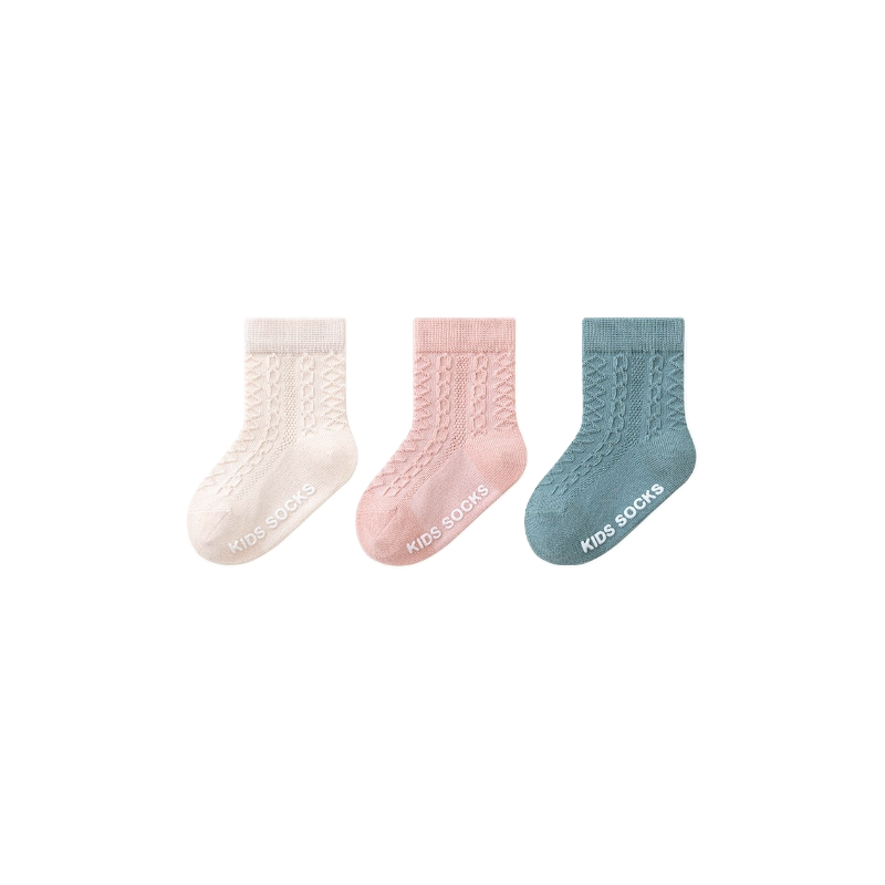 3-pack cable knit anti-slip baby socks in ivory, pink, and blue – soft cotton grip socks
