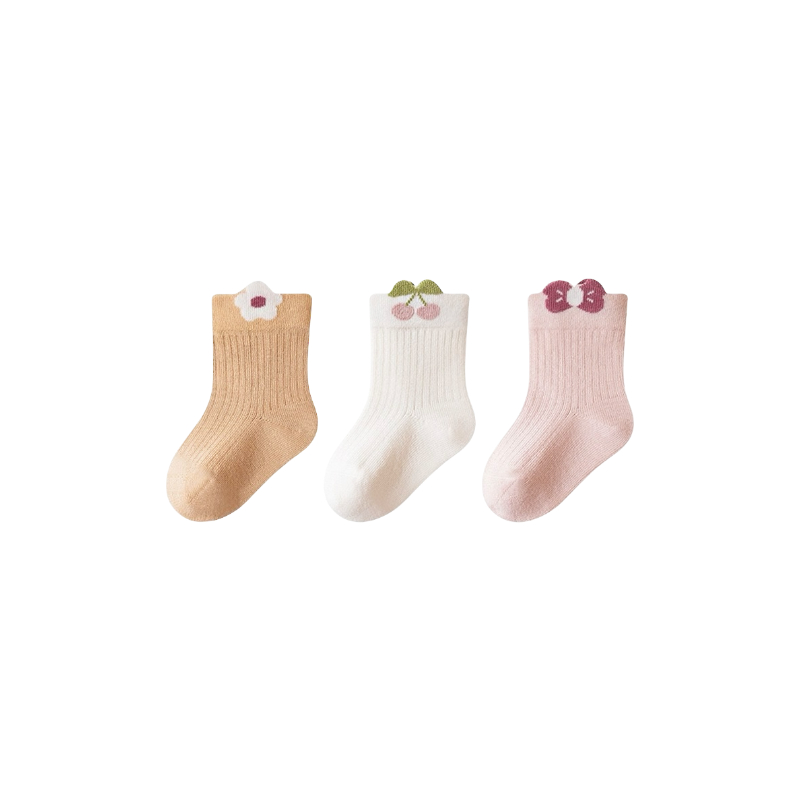 3-pack floral cotton baby socks in pastel mix – beige, cream and pink embroidered design