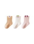 3-pack floral cotton baby socks in pastel mix – beige, cream and pink embroidered design