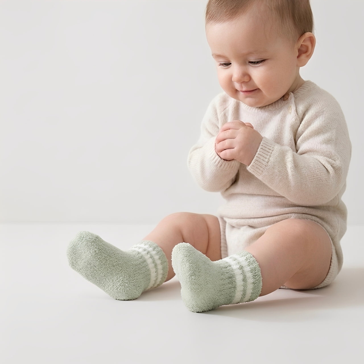 Baby wearing soft thick winter socks in pastel tones, warm and cozy cotton blend
