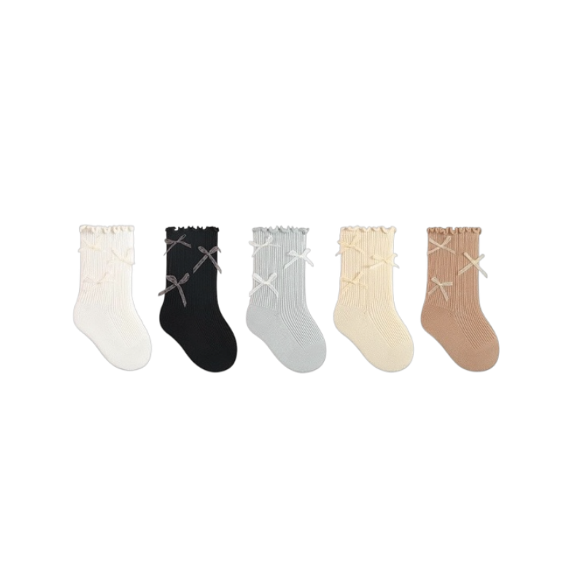 5-pack lace edge cotton baby socks in neutral mix with bow and lace cuff